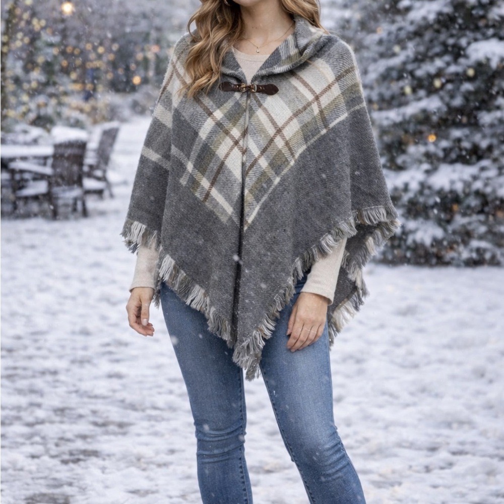 Modena Plaid Fringe Poncho Cape Sweater Gray Collared Toggle Wrap Shawl One Size
